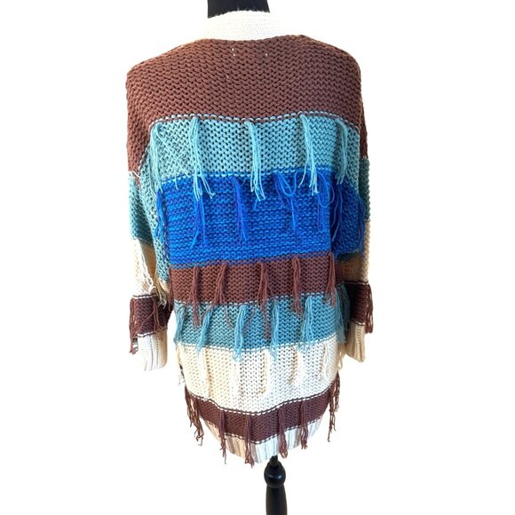 Umgee Fringed Striped Cable Knit Cardigan Sweater S/M Brown Blue Western Boho - Picture 4 of 11